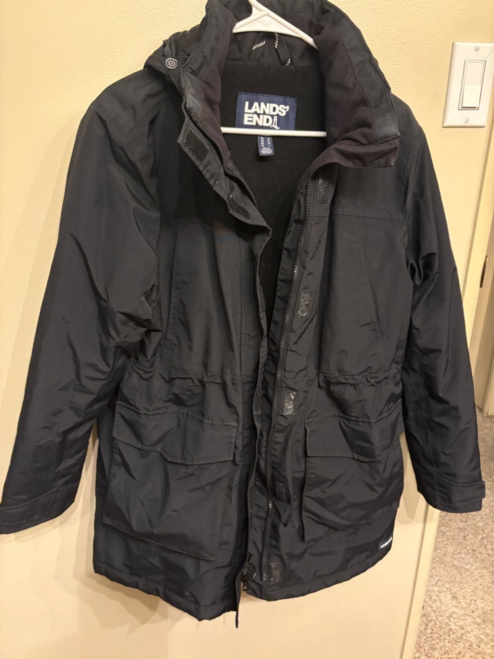 Lands' End Men’s Black Raincoat with Fleece Liner
